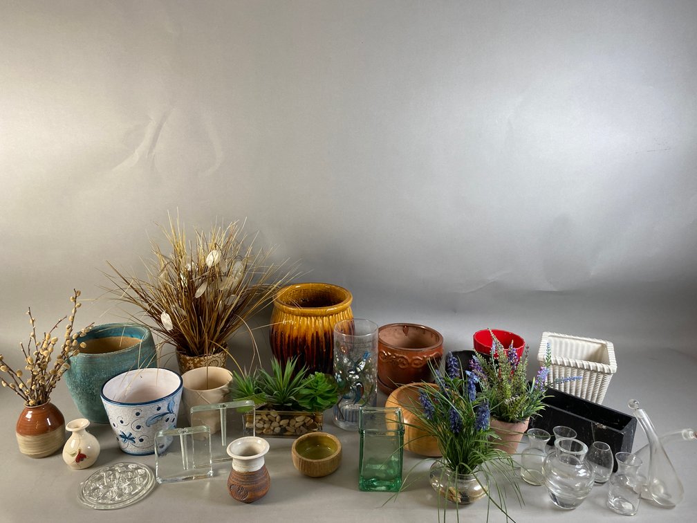 (25) Plus Assortment Of Permanent Flower Arrangements, Glass Vases, Ceramic, Stone And Wooden Planters And More!