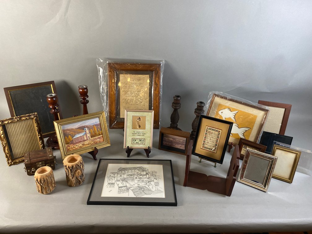 Assortment Of Vintage Wooden Picture Frames, Plate Stands, Bookends, Candlesticks And More!