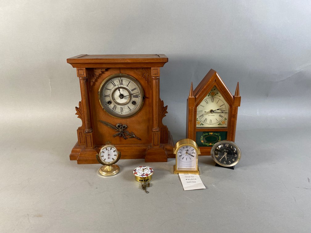 Antique Bauman Eight Day New Haven Mantel Clock With (5) Vintage Miniature Clocks From Various Makers
