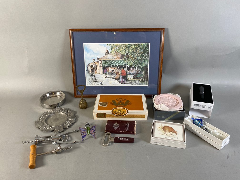 Framed And Matted Signed Cafe Du Monde Print Of New Orleans And Assortment Of Wine Stoppers, Bottle Openers, Wine Coasters And More!