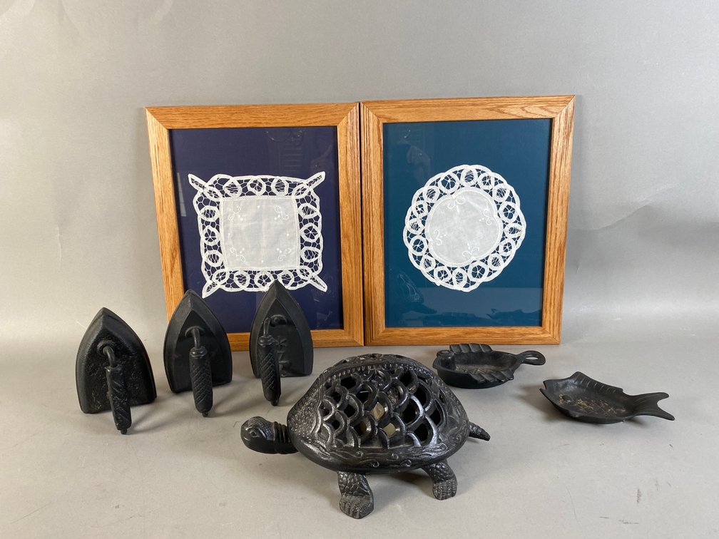 (2) Antique Framed And Matted Cloth Doilies With (6) Cast Iron Figurines And Decor