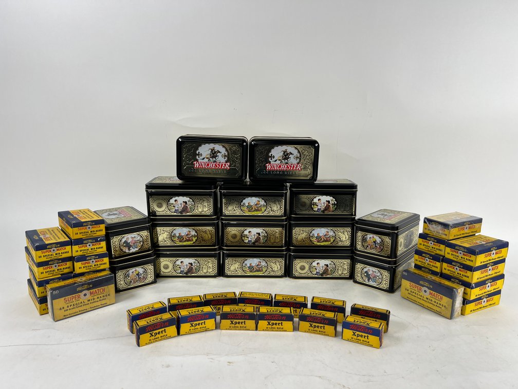 (15) Winchester .22 Long Rifle Metal Ammo Tins, (20) Western Super Match 38 Specail Ammo Boxes, & (14) Western Xpert .22 Long Rifle Boxes