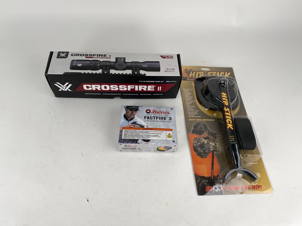 Burris Fastfire3 Red Dot Flex Site, Crossfire Crossbow Scope and Hip Stick