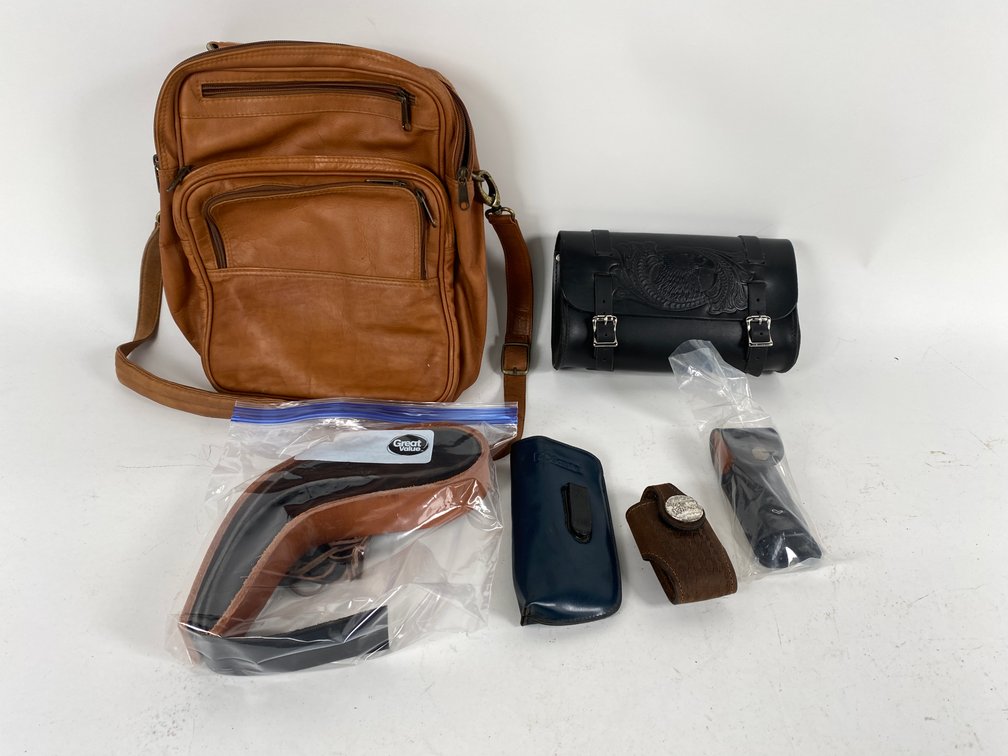 Assortment of leather bags and accessories