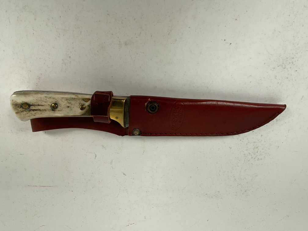 (1) Marble's Damascus Steel Straight Blade Knife With an antler Handle & Leather Sheath