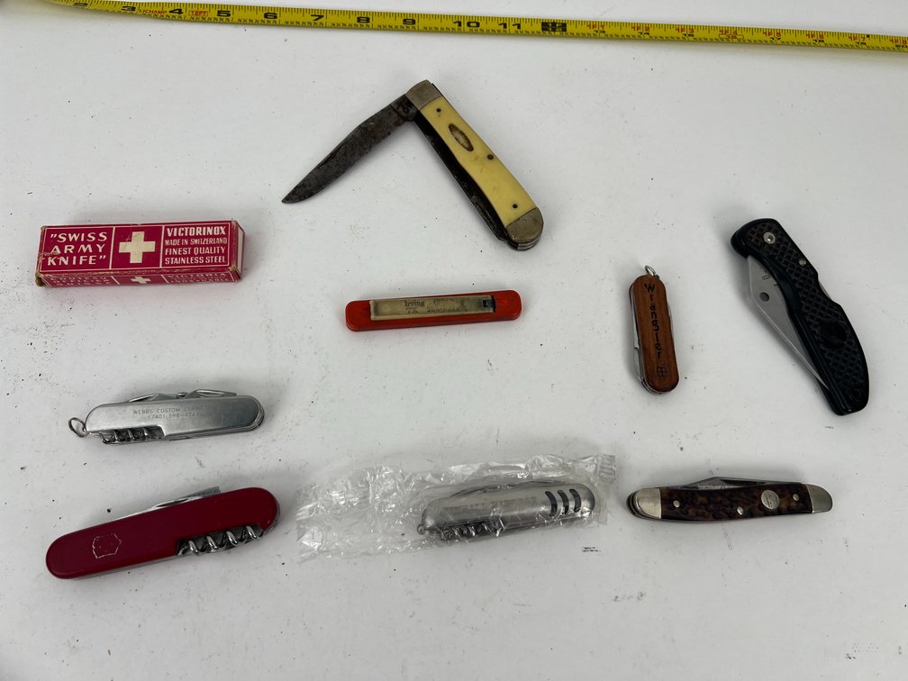 (9) Vintage Folding Knives and Advertising Knives Including Wiss, Swiss Army, Case and More