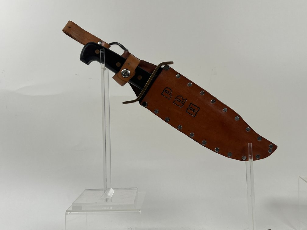 Vintage 9" Western W49 Bowie Hunting Knife With Dark Wood Handle & Brown Leather Sheath