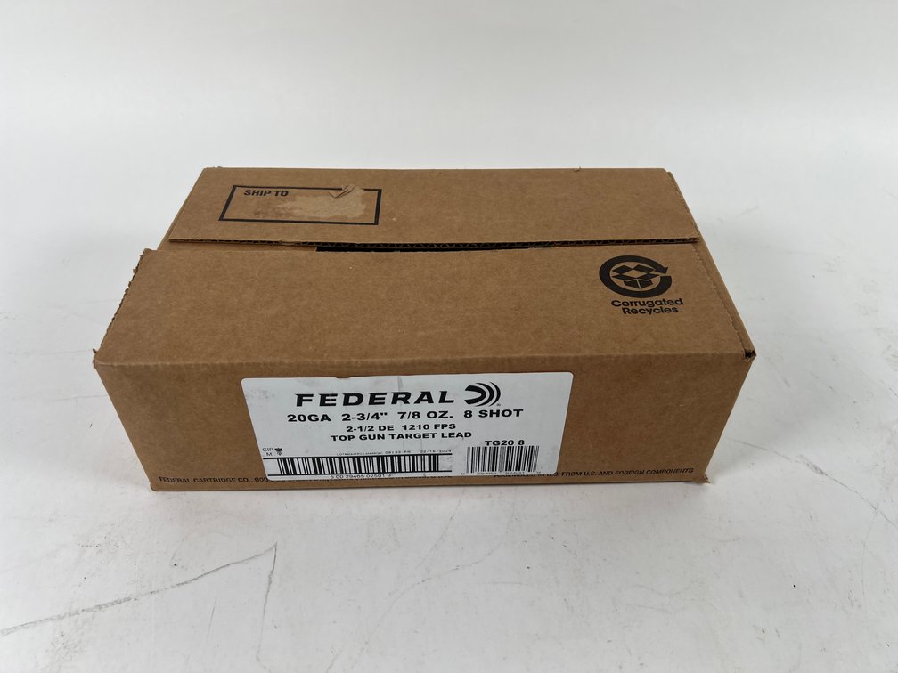 Sealed box of 250 Federal 20 Ga, 2 3/4", 1210 Velocity, 7/8 Oz, 8 Shot Shells