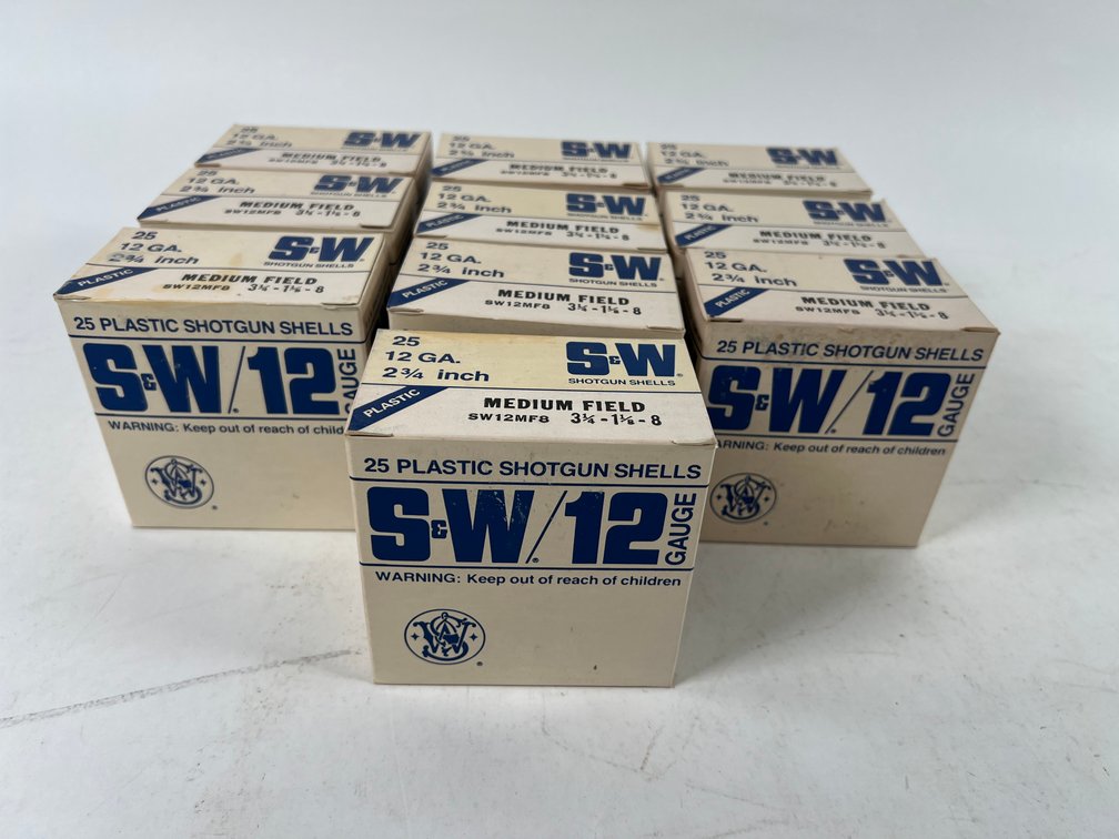 250 +/- S&W 12 Ga 2 3/4", 3 1/4 Dram Eq, 1 1/8 Oz, 8 Shot Shells
