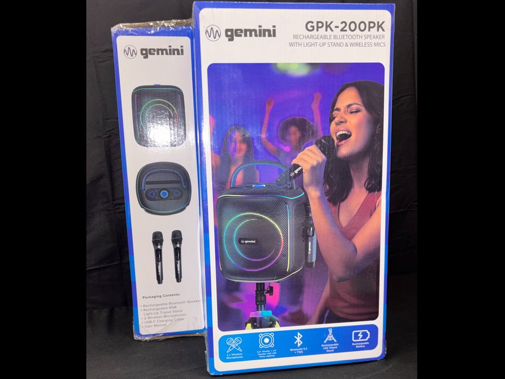 Gemini Rechargeable Bluetooth Speaker with light-up stand & wireless mics