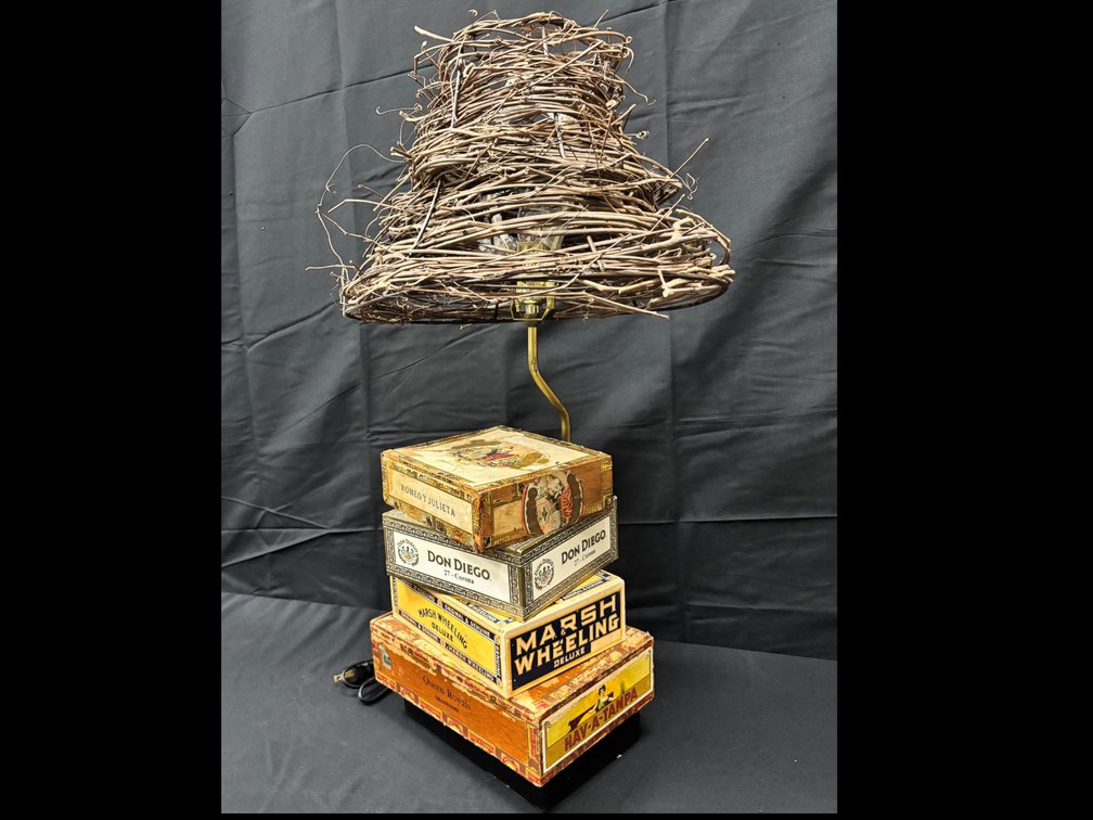 Handmade cigar box Lamp with grapevine shade