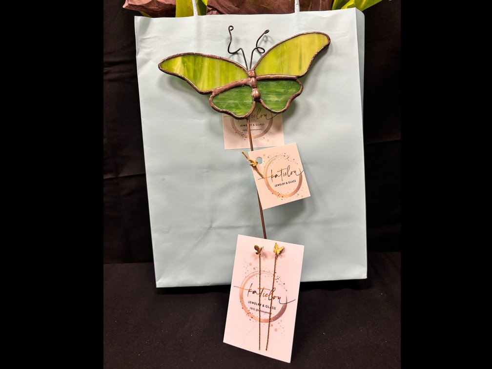 Stained glass butterfly with gold butterfly earrings