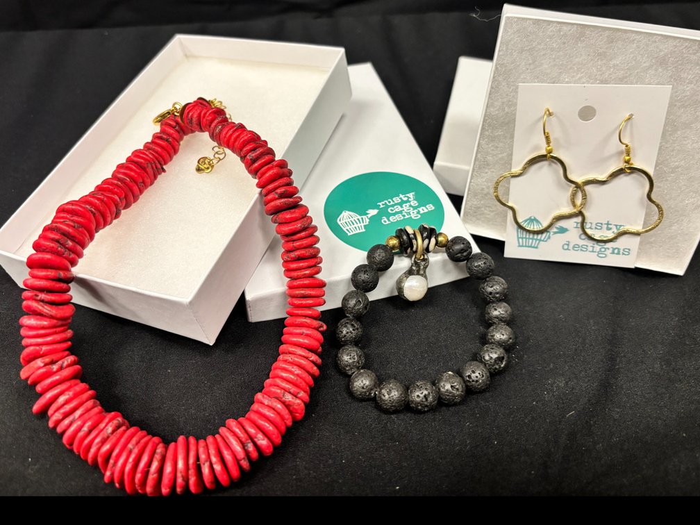Jewelry Bundle- Red gemstone necklace 18", black bracelet with soldered pearl, gold earrings
