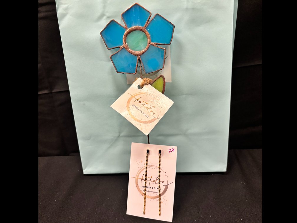 Stained glass flower with Gold blue drop earrings
