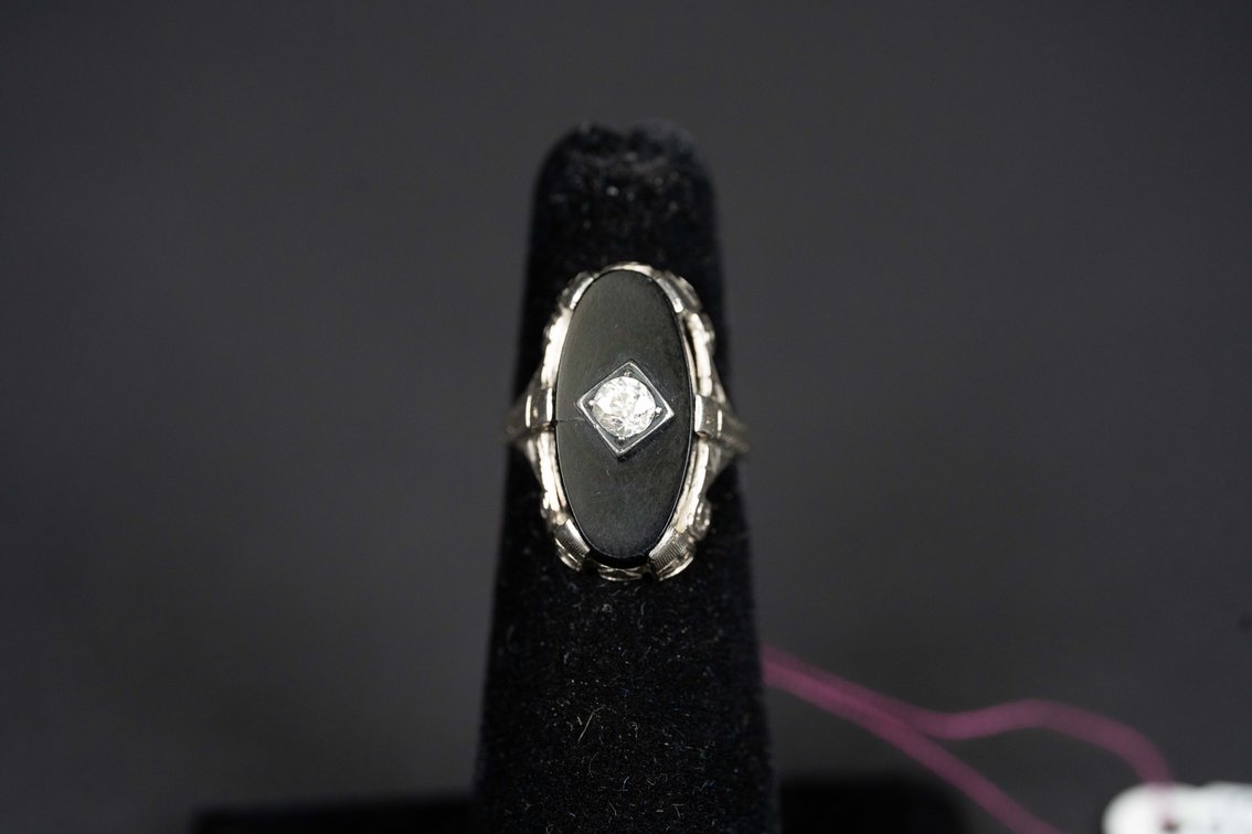 1920's Deco 14kt Onyx and Diamond Ring, Size 4