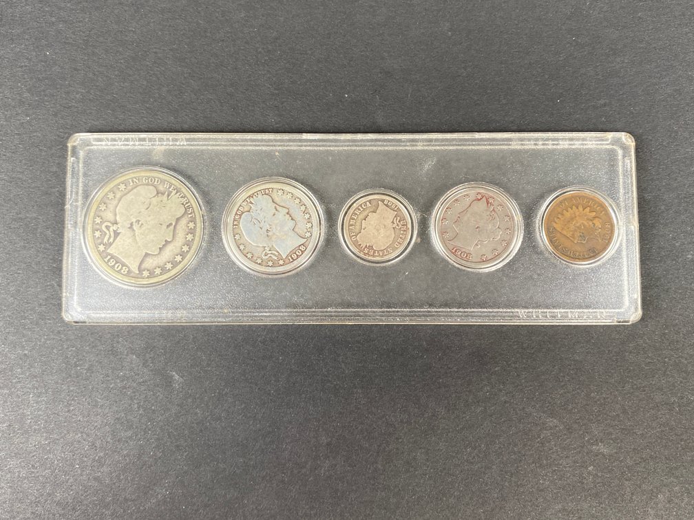 1908 Coin Set with Barber Half Dollar, Quarter, Dime, Nickel and Indian Head Cent