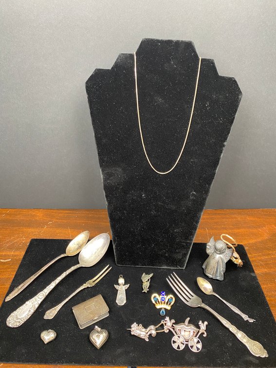 Assortment of (14) Sterling Silver Pieces Including Necklace, Heart Shaped Pendants, Brooches, Pins, Tableware, and Angel Ornament