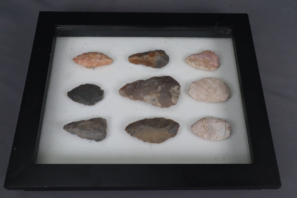 (9) Indian Arrowheads and Artifacts in Shadowbox