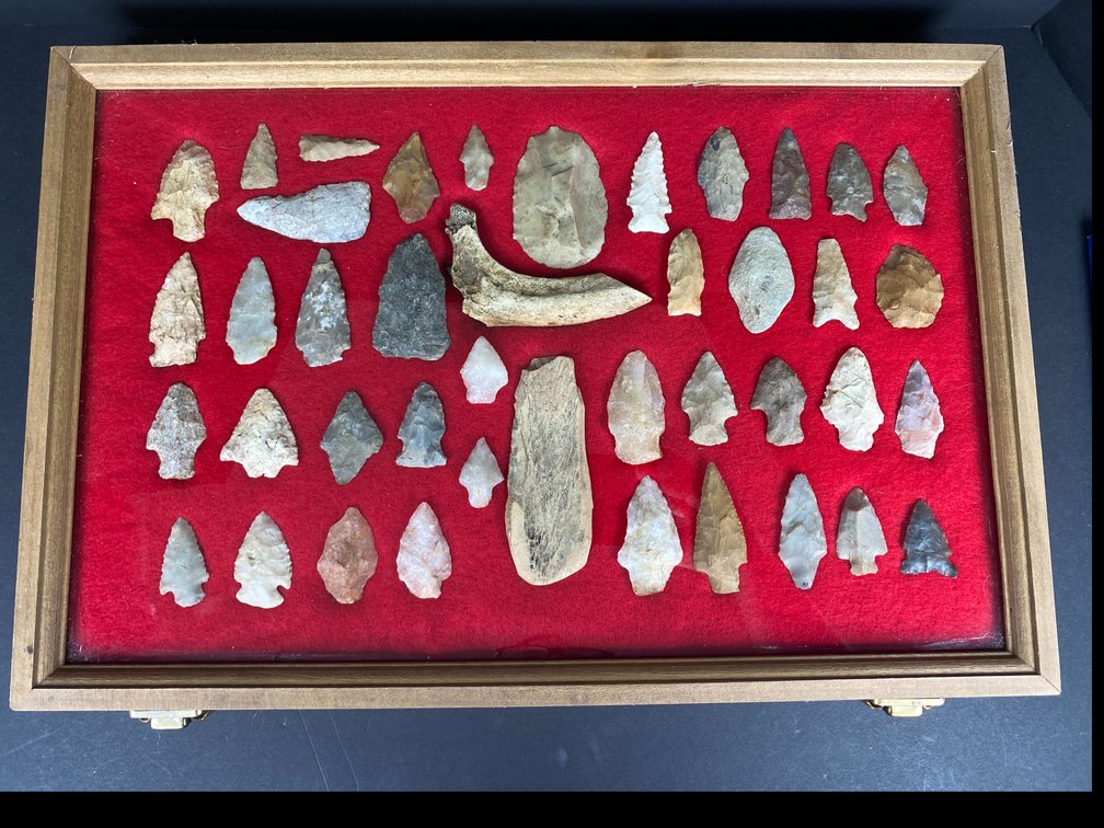 Frame of (42) Native American Artifacts, Flakes, and Bone Tools