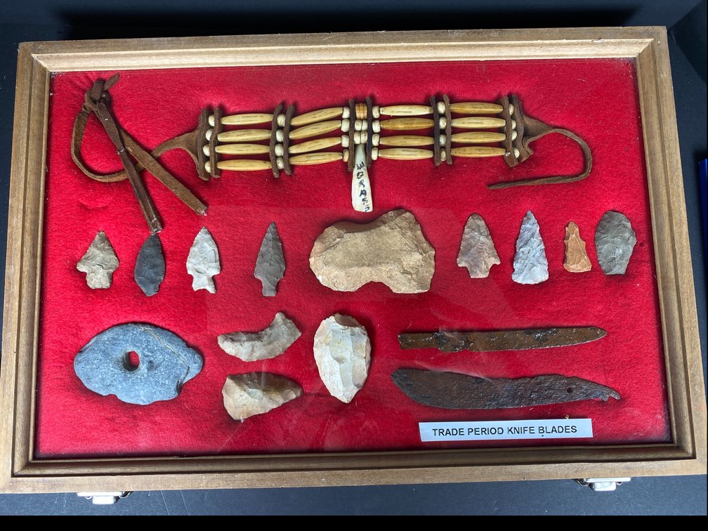Frame of (42) Native American Artifacts, Flakes, and Bone Tools