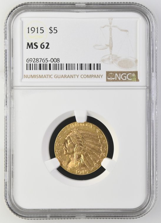1915 $5 Indian Head Gold Half Eagle MS62