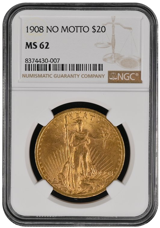 1908 No Motto $20 Saint Gaudens Gold Double Eagle MS62