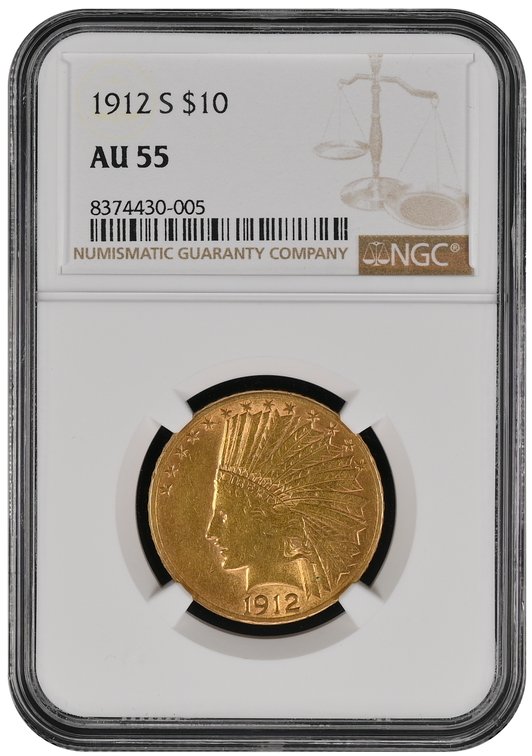 1912 S $10 Indian Head Gold Eagle AU55