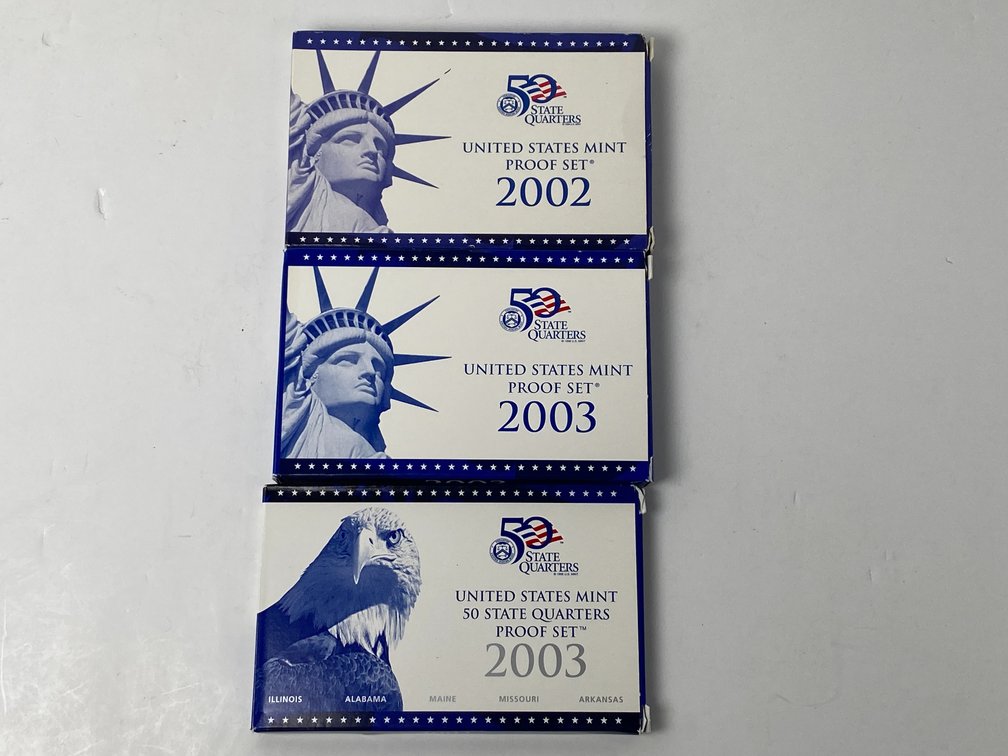 (3) US Mint Proof Sets 2002, 2003, and 2003 Statehood Quarters Sets
