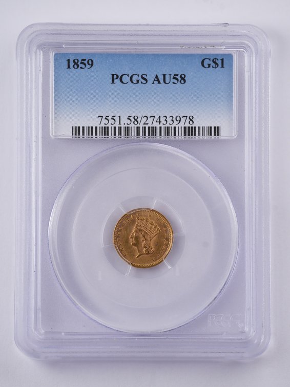 1859 $1 Gold Dollar AU58
