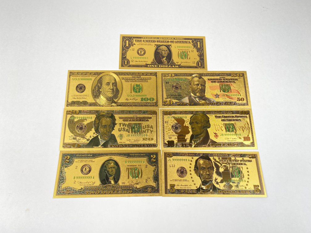 (7)Set of 24K Gold Plated US Currency Rigid Gold Foil Bills