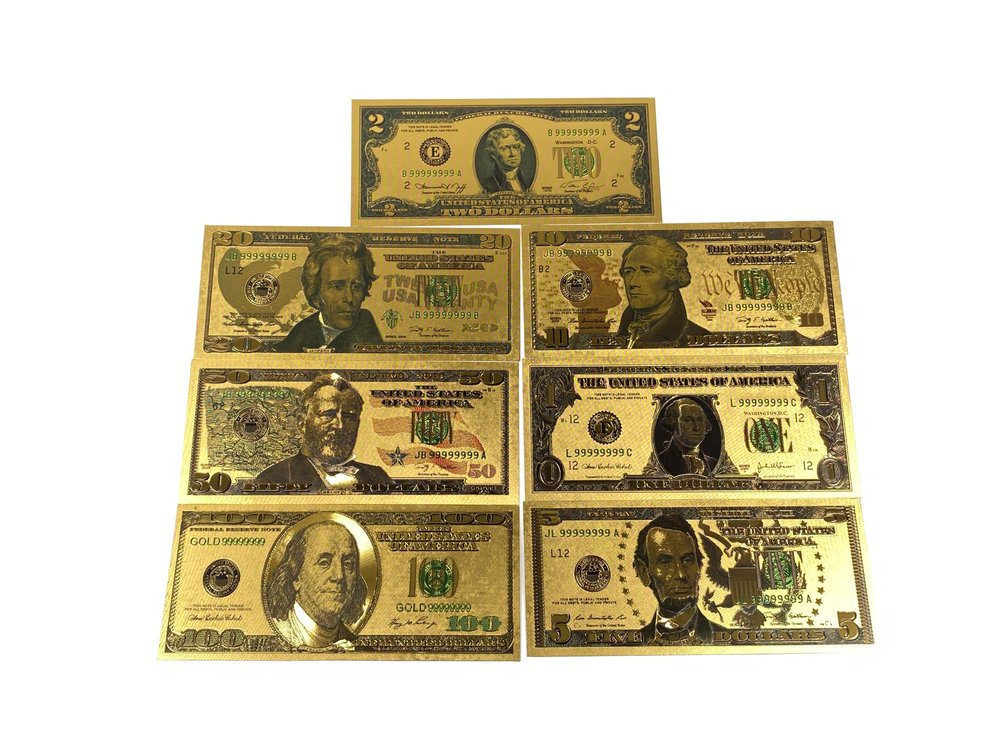 (7)Set of 24K Gold Plated US Currency Rigid Gold Foil Bills