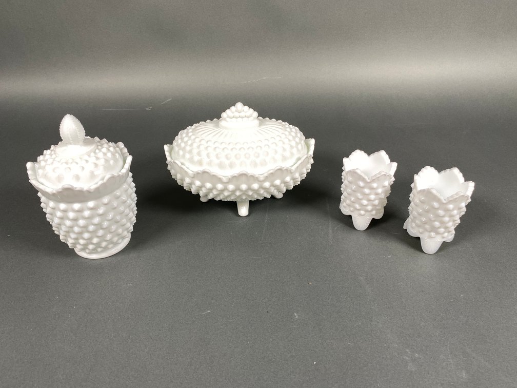 Collection of (4) Fenton Milk Glass Hobnail Pieces Including Oval Footed Candy Dish, Crown Top Candy Dish, and (2) Toothpick Holders