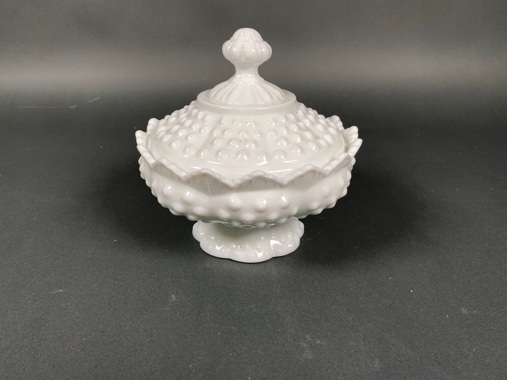 Fenton Milk Glass Hobnail Pedestal Candy Dish with Lid