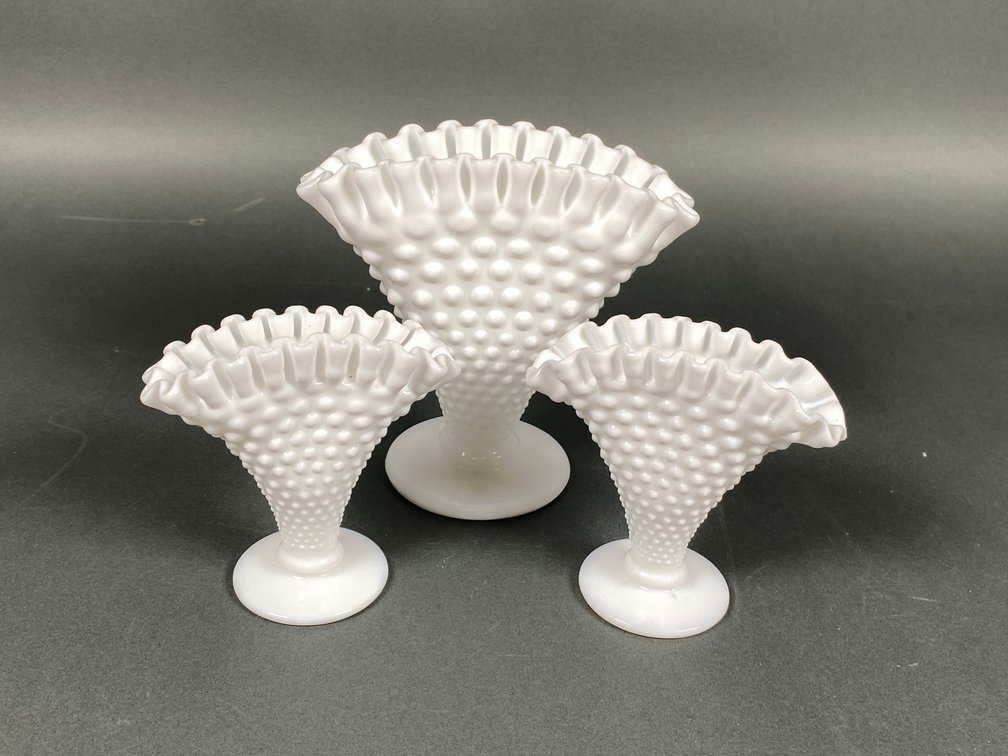Assortment of (3) Hobnail Milk Glass Fan Vases 6" and 4"