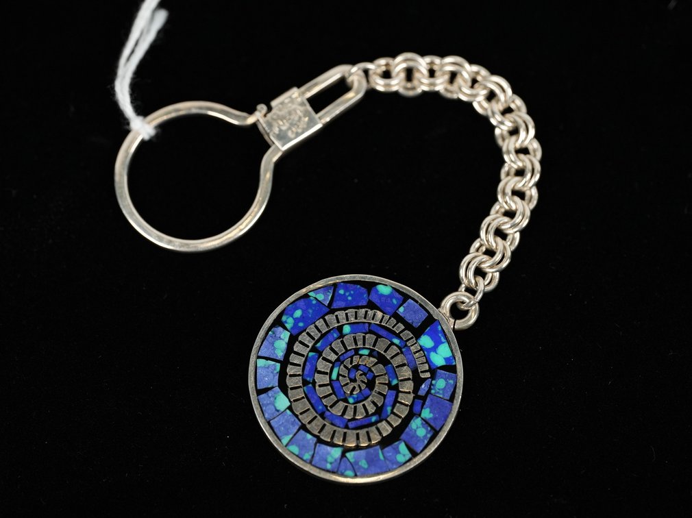 Stamped Sterling Inlaid Lapis and Turquoise Key Chain 34g Approximate Weight