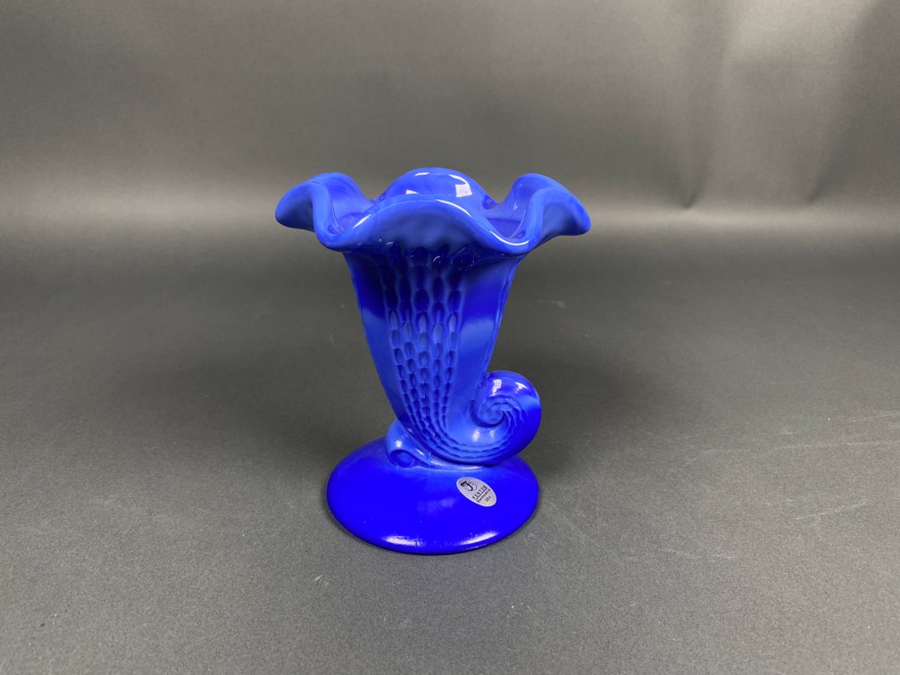 Fenton Periwinkle Blue Slag Glass Cornucopia Vase Signed Nancy Fenton