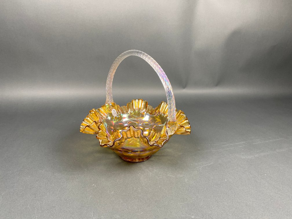 Fenton Marigold Autumn Gold Carnival Glass Iridescent Water Lilly Footed Basket