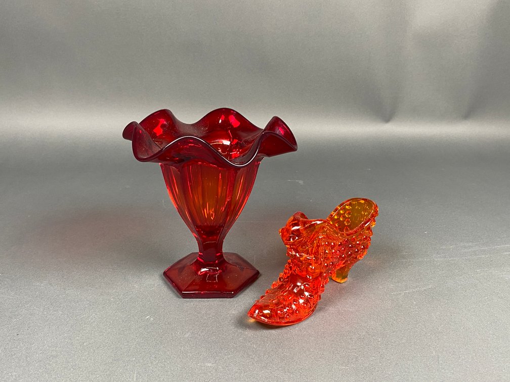 Fenton Amberina Ruffled Edge Pedestal Vase and Fenton Hobnail Amber Glass Cat Head Slipper Shoe