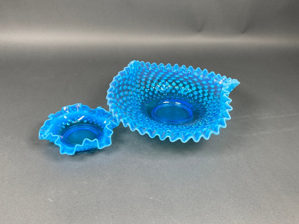(2) Fenton Blue Iridescent Hobnail Ruffled Edge Bowls