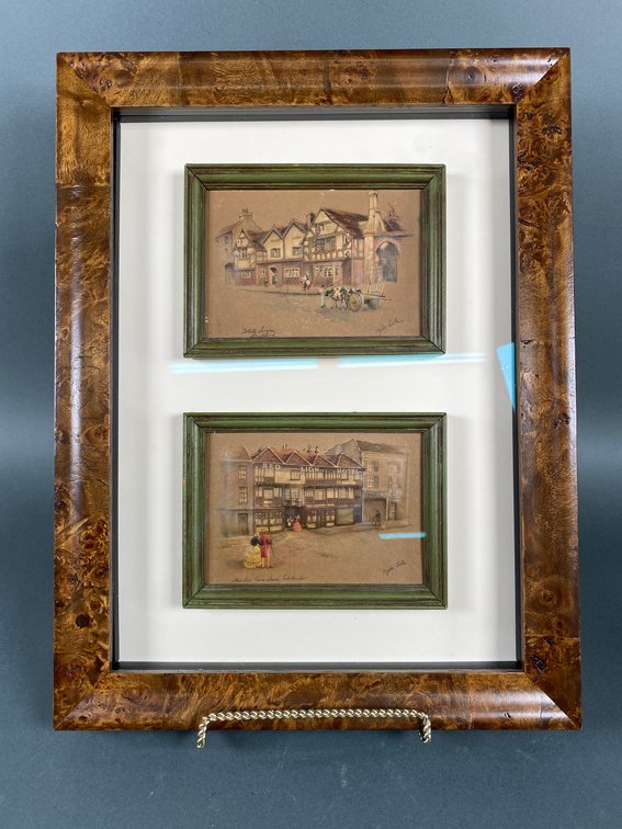 Framed Clyde Cole English Landscape Relief Art, 1800s Victorian, (1) Red Lion Inn and (1) White Swan 7" Tall x 5" Wide Framed Inside Larger Frame 16.5" Tall x 12.5" Wide