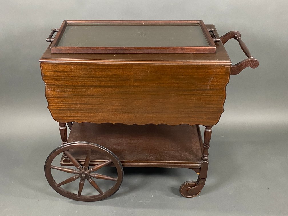 Collapsible Rolling Wooden Bar Cart with Glass Serving Tray