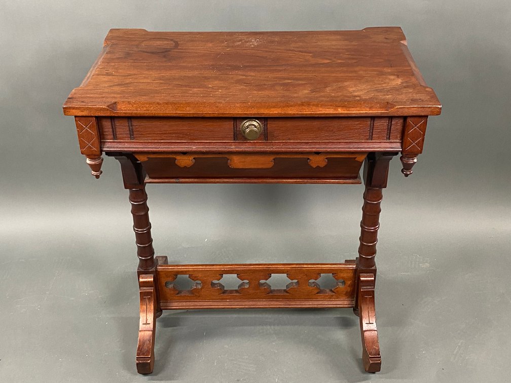 Antique Carved Walnut Victorian Sewing Table