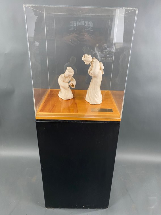 Nipponese Ettiquette 1961 Hand Built Clay Pieces by Ella Rosenberg with Wooden Stand and Plexiglass Case