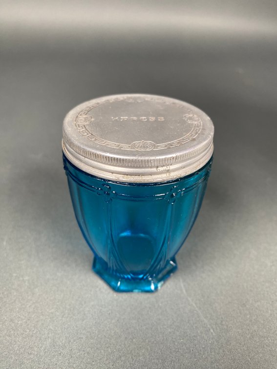 1920s Karess Vanishing Cream Woodworth Art Deco Blue Glass Jar, Glows Under Black Light
