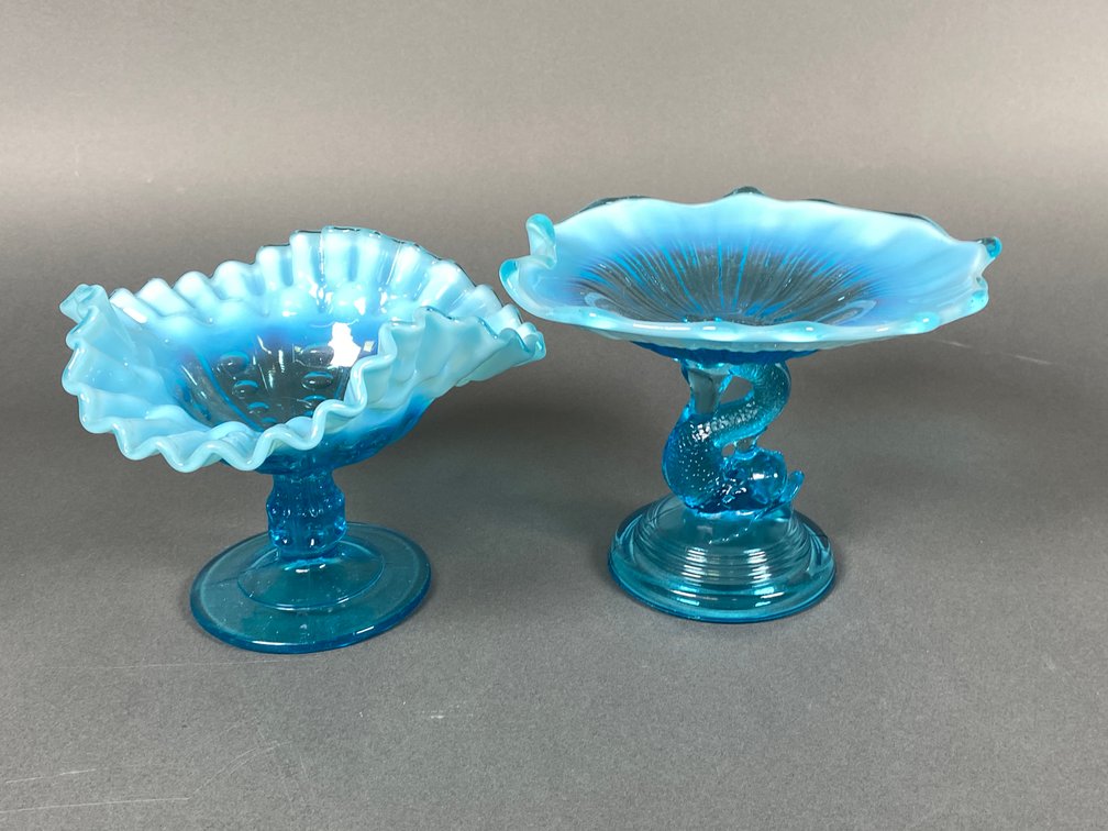 Northwood Blue Opalescent Koi Fish Base Compote and National Dugan Blue Opalescent Pressed Coin Spot Tri Corner Compote  