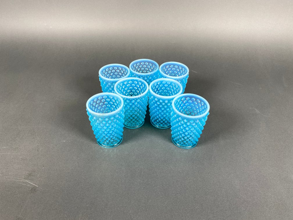 Collection of (7) Fenton Blue Opalescent Hobnail Tumblers/Lemonade Glasses