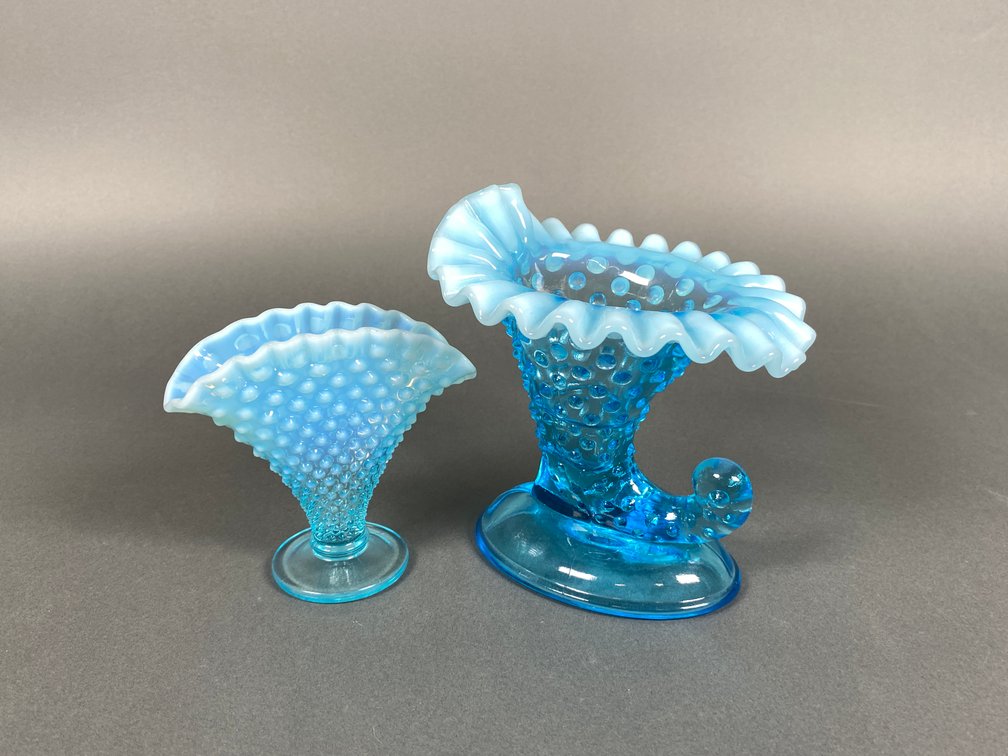 Fenton Blue Opalescent Hobnail Ruffled Edge Cornucopia Vase and Mini Fan Base