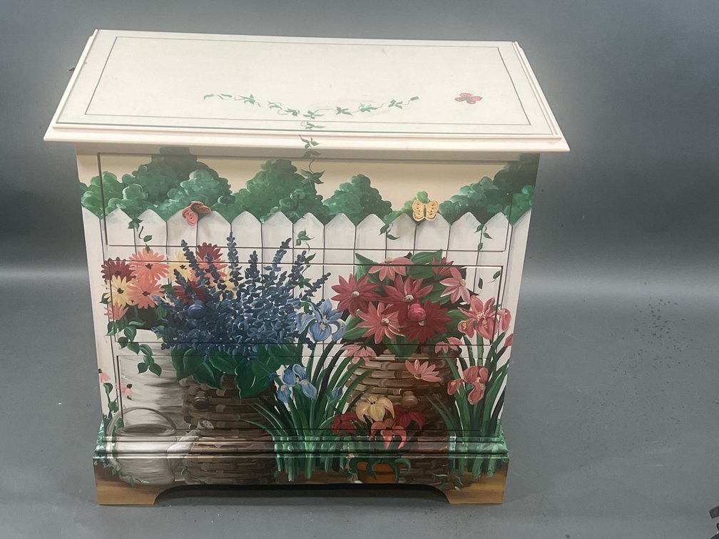 Hand-Painted Wooden Sidney Arthur Cabinet by Carol Upton, Floral Design, 30"x31"x17"