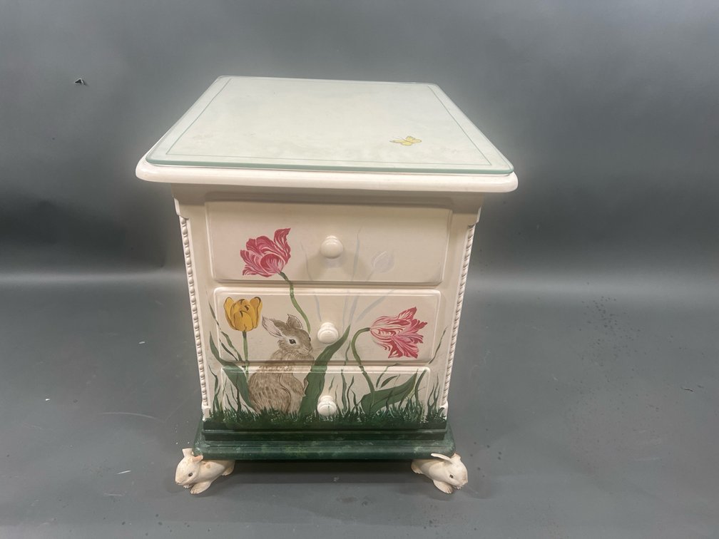 Sidney Arthur Furniture Nightstand Painted by Carol Uptonwith Glass Top, Floral Design, 2 Drawers