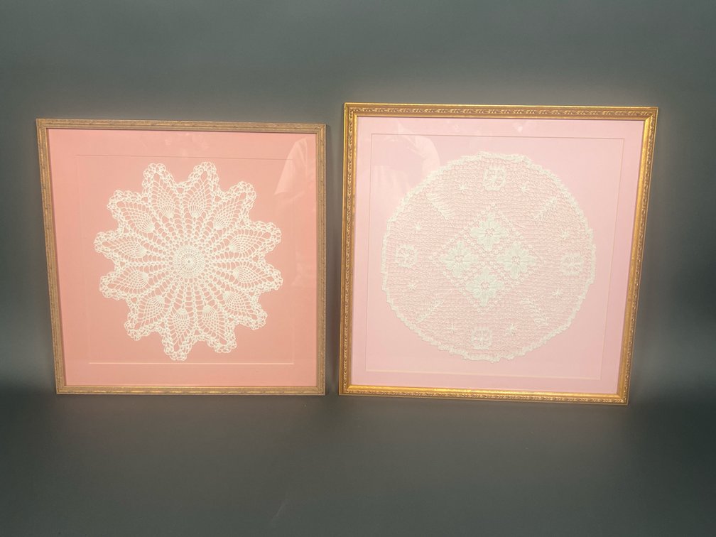 Framed Crochet Wall Art Set, White on Pink, Gold Frames